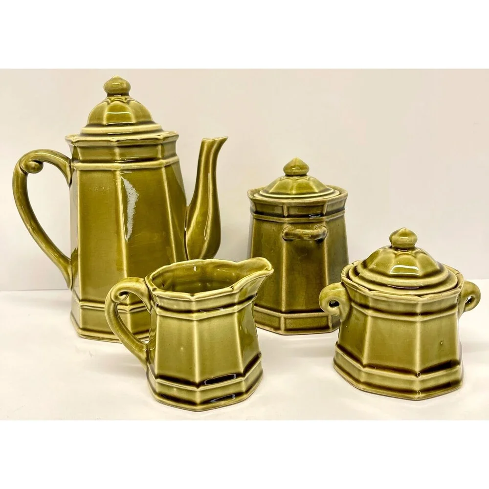 Vintage Stone Craft Royal Sealy Japan Green Tea Set 4 Pc Hexagonal-Olive Green
